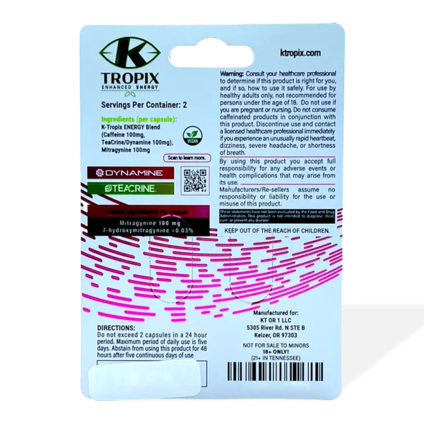 K-Tropix Pink Lightning Energy Kratom Capsules | Back
