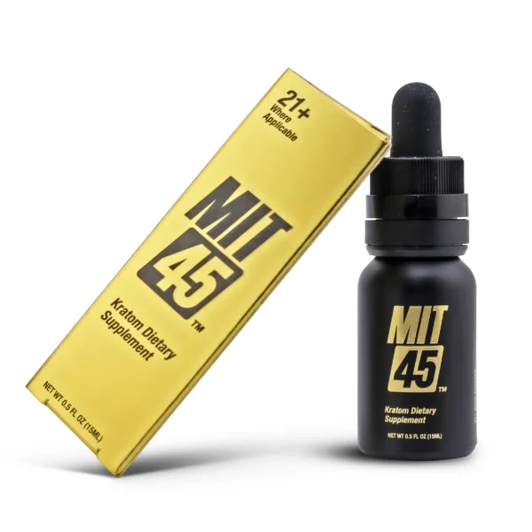 MIT45 Gold Kratom Extract Shot 15 ml Bottle with Inner Box Angle