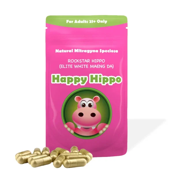 Happy Hippo Elite White Vein Maeng Da Kratom Capsules Rockstar Hippo