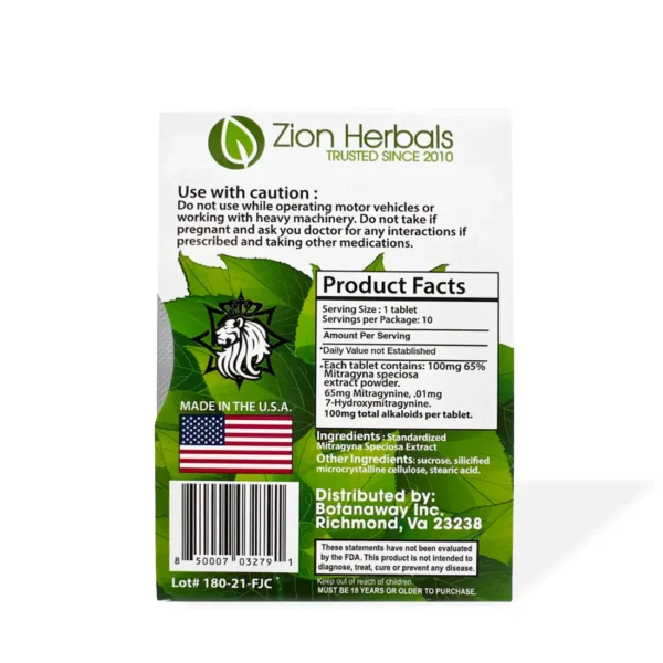 Zion Herbals 65 Salt Kratom Extract 10 Tablets | Back