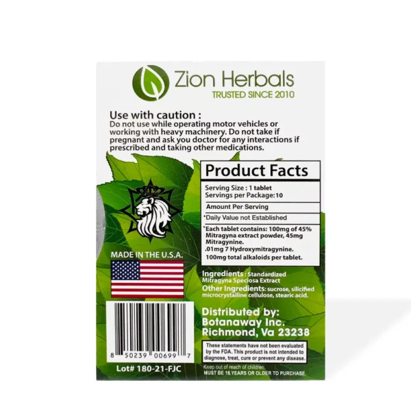 Zion Herbals Gold Reserve 45% MIT Kratom Extract 10 Tablets | Back