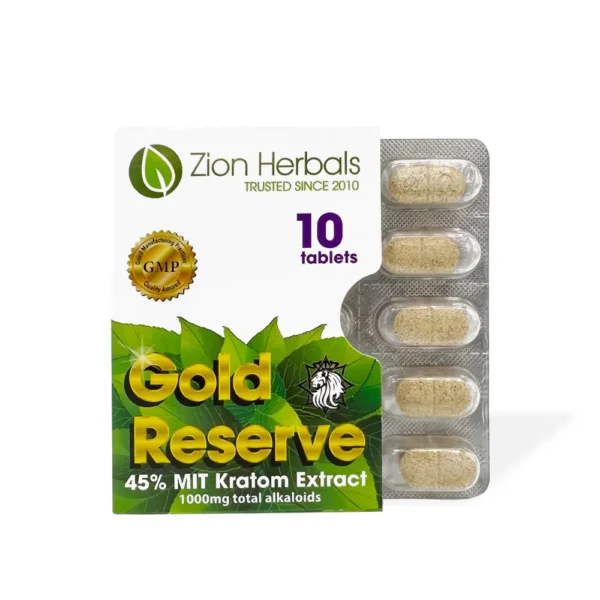 Zion Herbals Gold Reserve 45% MIT Kratom Extract 10 Tablets | Front