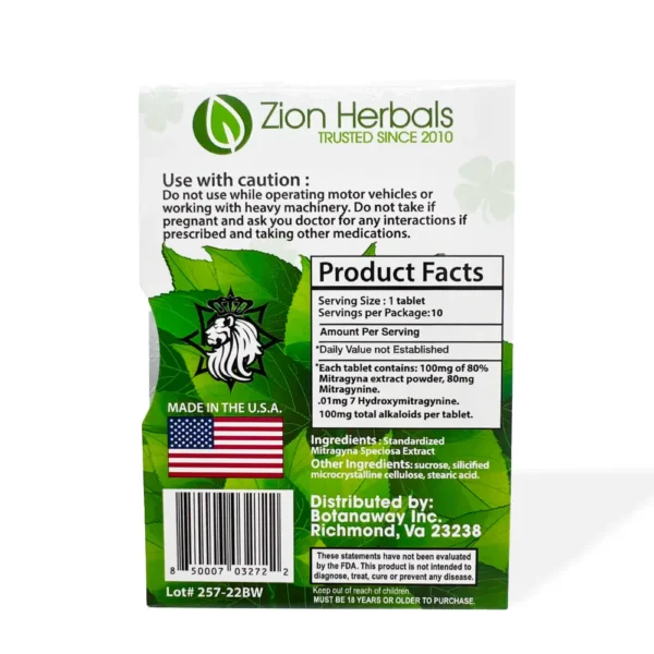 Zion Herbals Lucky 80 Kratom Extract 10 Tablets | Back
