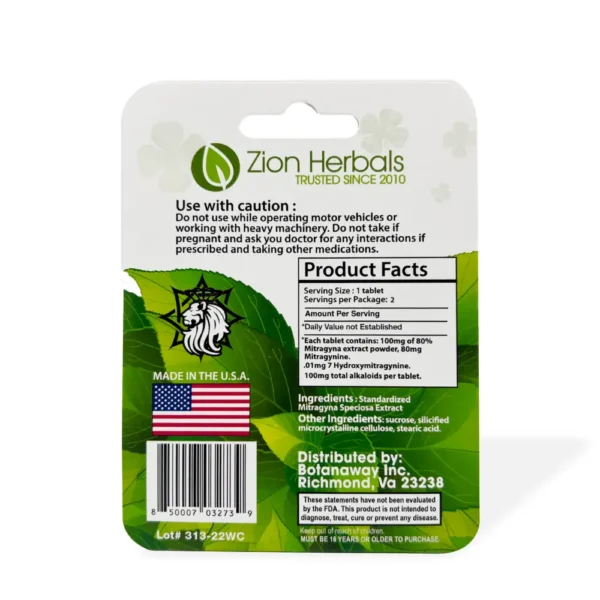 Zion Herbals Lucky 80 Kratom Extract 2 Tablets | Back