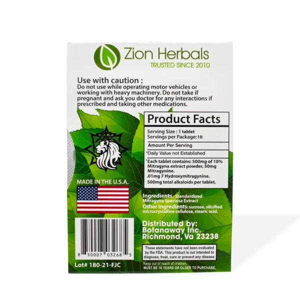 Zion Herbals Silver Series 10% MIT Kratom Extract 10 Tablets | Back