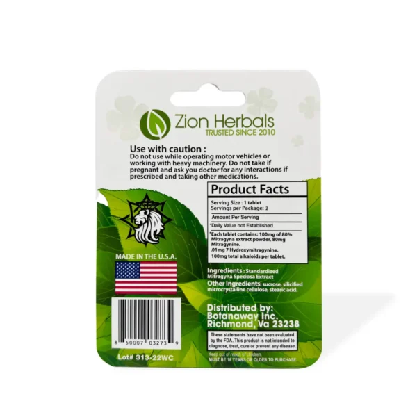Zion Herbals Silver Series 10% MIT Kratom Extract 2 Tablets | Back