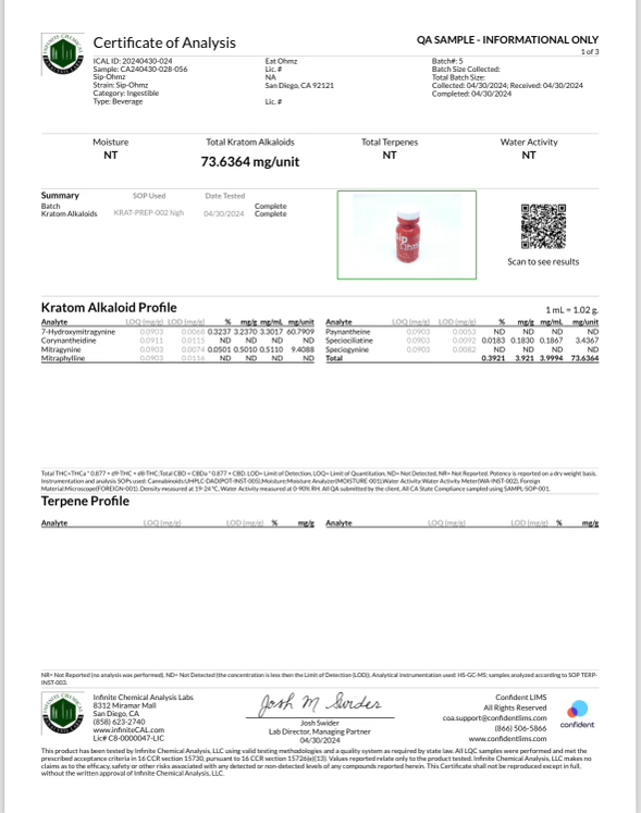 Exodus Sip Ohmz 7OH 60mg Extract Shot | COA