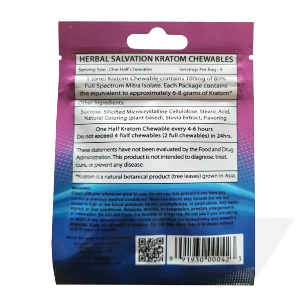 Herbal Salvation Botanicals 1000MG Kratom Chewable Tablets Back