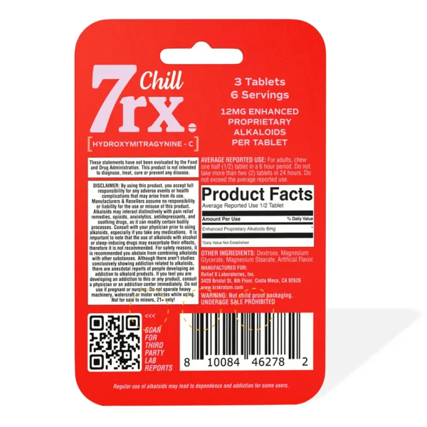 7rx Chill 7 OH Kratom Leaf Extract Chewable Tablets 12MG Back