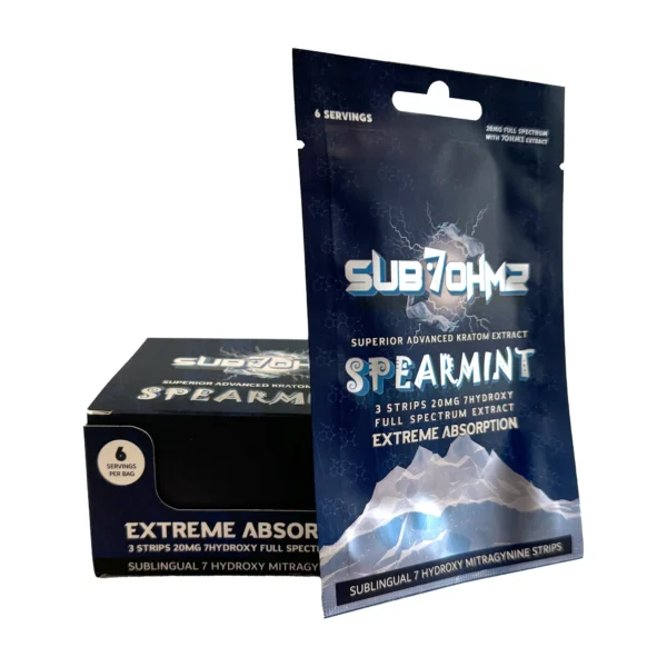 Sub7Ohmz 7-OH Kratom Leaf Extract Sublingual Spearmint Strips Display Box with a Pack