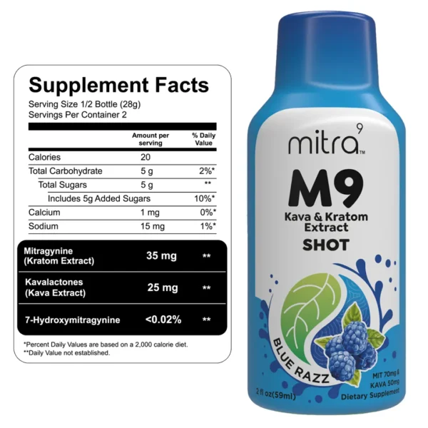 Mitra 9 Kava Kratom Shot Blue Razz Supplement Facts