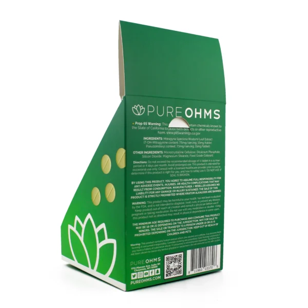 PURE OHMS 7-OH and Pseudo Extract Chewable Tablets 30 mg 4 Count Display Box Back