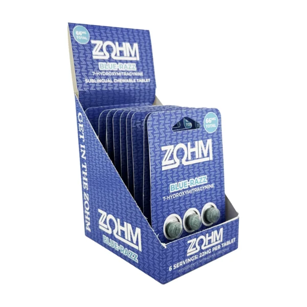 Zohm 7-OH Kratom Extract Chewable Tablets 22 mg 3 Count Blue Razz Display Box