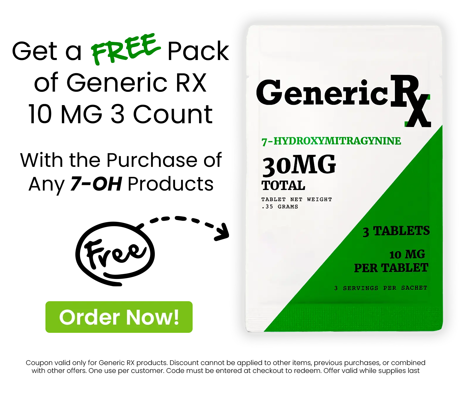 FREE Generic RX 7-Hydroxy Kratom Extract Chewable Tablets 10 mg - 3 Tablets