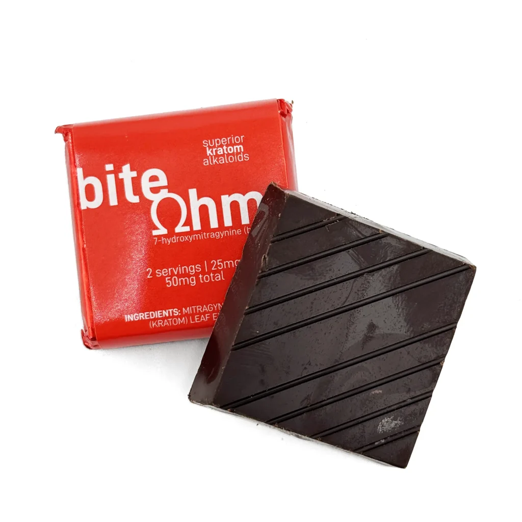 Bite Ohmz 7-Hydroxy Chocolate Square 50 mg With a Open Chocolate