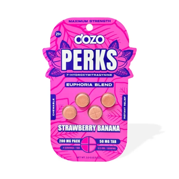 dozo Perks Maximum Strength 7-OH Euphoria Blend Tablets 50 mg - 4 Tablets, Strawberry Banana Front