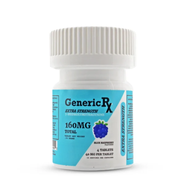 Generic RX Extra Strength 7-Hydroxy Kratom Extract Chewable Tablets 40 mg 4 Count Blue Raspberry Front