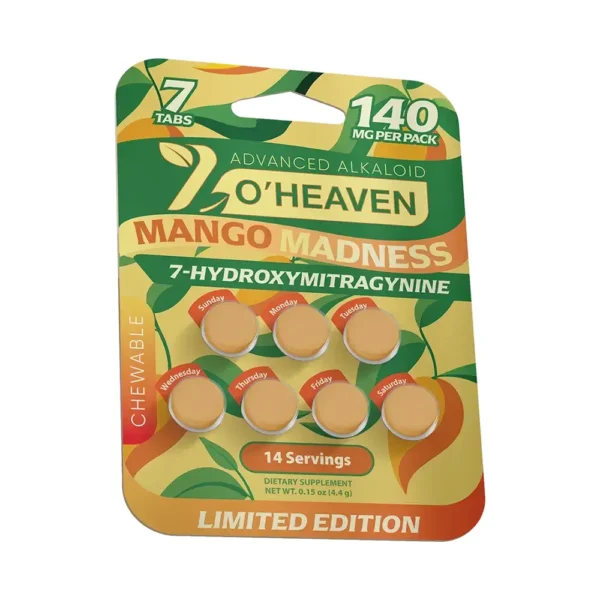 7 O'Heaven 7-OH Kratom Leaf Extract Chewable Tablets 20 mg – 15 Tablets – Mango Madness – Front