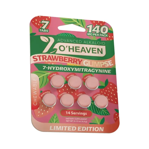 7 O'Heaven 7-OH Kratom Leaf Extract Chewable Tablets 20 mg – 15 Tablets – Strawberry Glimpse – Front