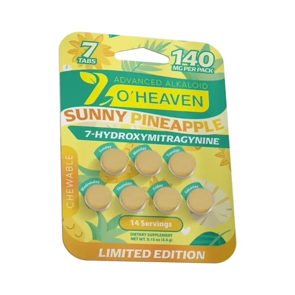 7 O'Heaven 7-OH Kratom Leaf Extract Chewable Tablets 20 mg – 15 Tablets – Sunny Pineapple – Front