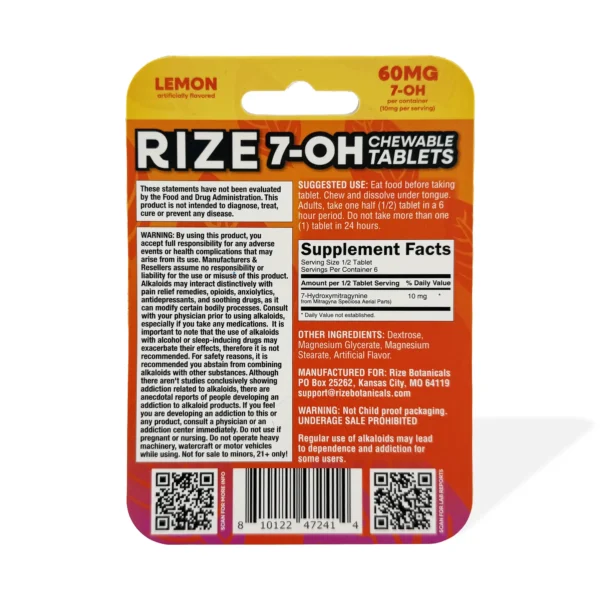 RIZE 7-OH Energy and Focus Chewable Tablets 20 mg 3 Count Lemon Back