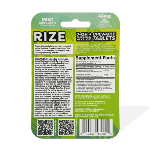 RIZE 7-OH Pseudo Calm and Balance Chewable Tablets 15 mg 3 Count Mint Chocolate Back