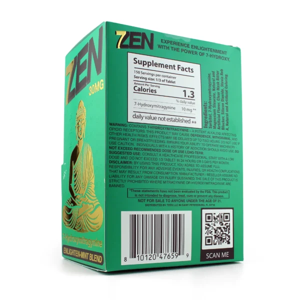 7Zen 7-Hydroxymitragynine Extract Chewable Tablets 30 mg 1 Count Enlighten-Mint Blend Display Box Back