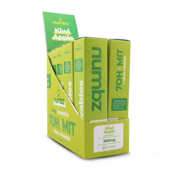 Numbz 7OH Chewable Kratom Tablets 15 mg 20 Count Kiwi Apple Display Box Front