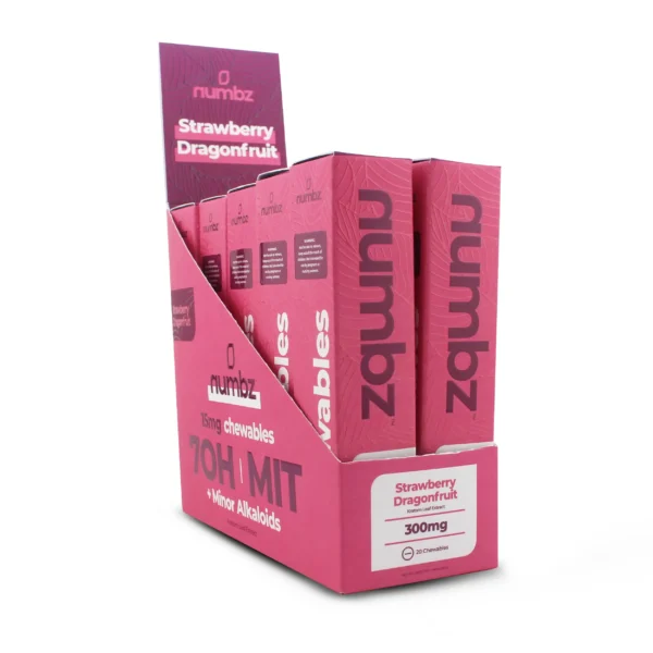 Numbz 7OH Kratom 15 mg Chewables 20 Count Strawberry Dragonfruit Display Box Front