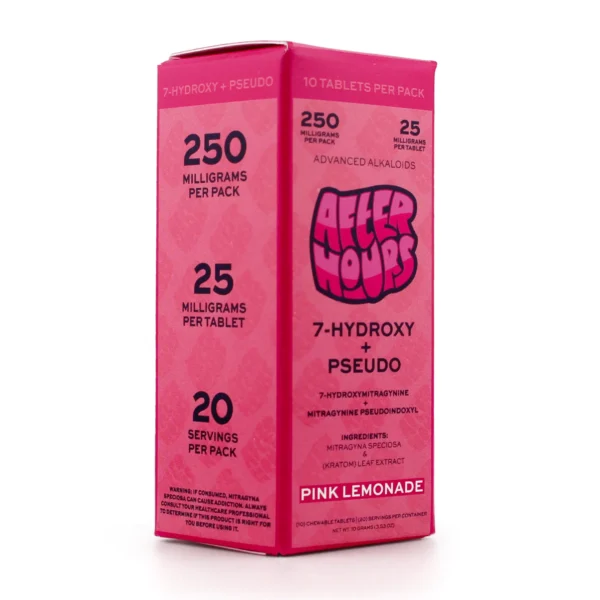 After Hours 7-Hydroxy and Pseudo Kratom Leaf Extract Chewable Tablets 25 mg 10 Count Pink Lemonade Box