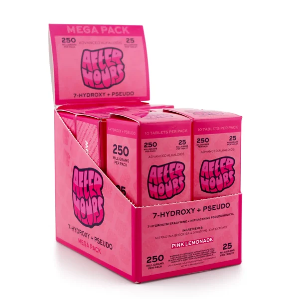 After Hours 7-Hydroxy and Pseudo Kratom Leaf Extract Chewable Tablets 25 mg 10 Count Pink Lemonade Display Box