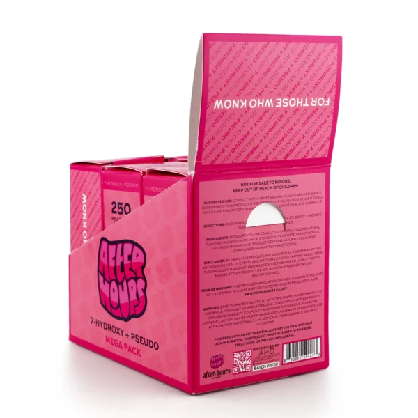 After Hours 7-Hydroxy and Pseudo Kratom Leaf Extract Chewable Tablets 25 mg 10 Count Pink Lemonade Display Box Back