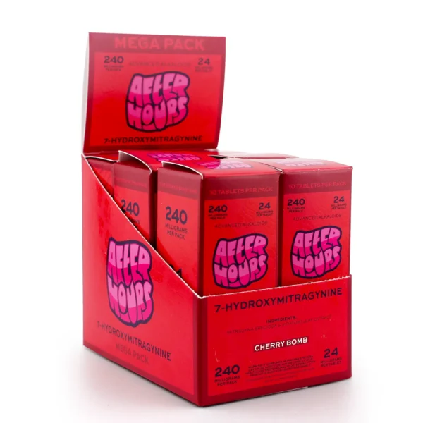 After Hours 7-Hydroxymitragynine Kratom Leaf Extract Chewable Tablets 24 mg 10 Count Cherry Bomb Display Box