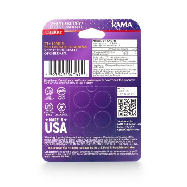 Kama 7-Hydroxy Pseudo Kratom Extract Chewable Tablets 50 mg 4 Count Cherry Back