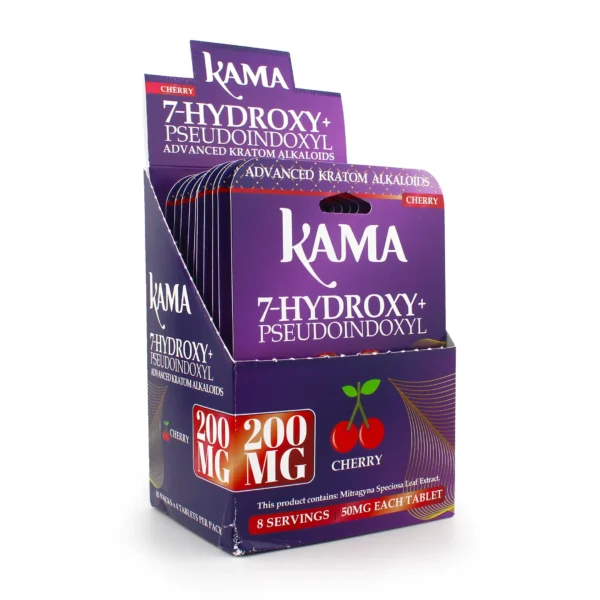 Kama 7-Hydroxy Pseudo Kratom Extract Chewable Tablets 50 mg 4 Count Cherry Display Box Front