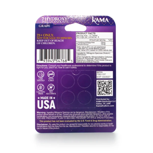 Kama 7-Hydroxy Pseudo Kratom Extract Chewable Tablets 50 mg 4 Count Grape Back