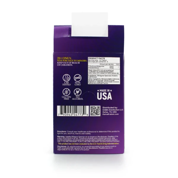 Kama 7-Hydroxy Pseudo Kratom Extract Chewable Tablets 50 mg 4 Count Grape Display Box Back