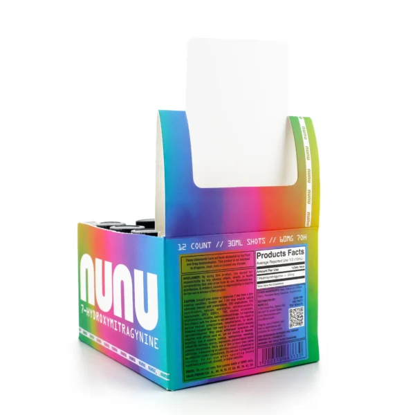 NUNU 7-hydroxymitragynine Infused Shot 30 ml 60 mg Display Box Back Angle