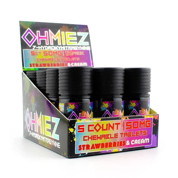 Ohmiez 7-Hydroxy Kratom Leaf Extract Chewable Tablets 50 mg 5 Count Strawberries & Cream Display Box