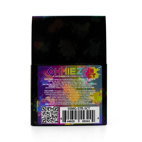 Ohmiez 7-Hydroxy Kratom Leaf Extract Chewable Tablets 50 mg 5 Count Strawberries & Cream Display Box Back