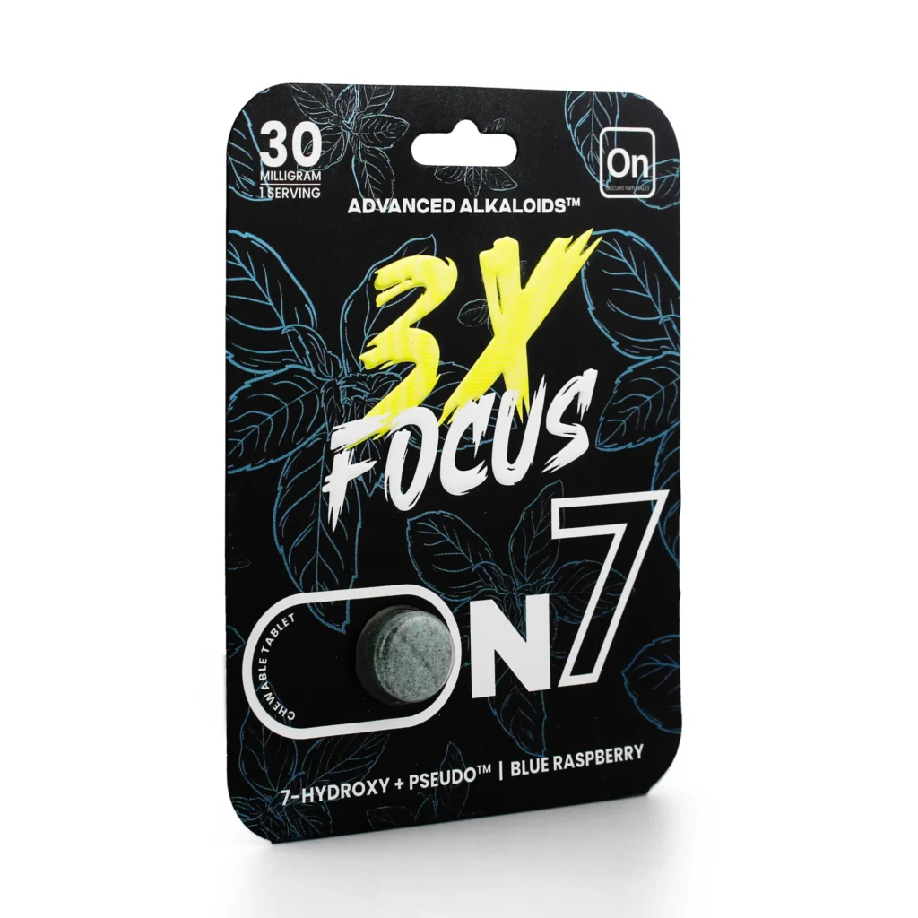 On7 7-Hydroxy Pseudo 3X Focus Kratom Leaf Extract Chewable Tablets 30 mg 1 Count Blue Raspberry