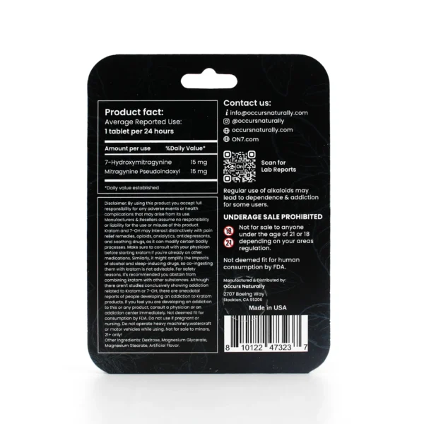 On7 7-Hydroxy Pseudo 3X Focus Kratom Leaf Extract Chewable Tablets 30 mg 1 Count Blue Raspberry Back