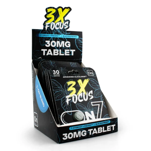 On7 7-Hydroxy Pseudo 3X Focus Kratom Leaf Extract Chewable Tablets 30 mg 1 Count Blue Raspberry Display Box