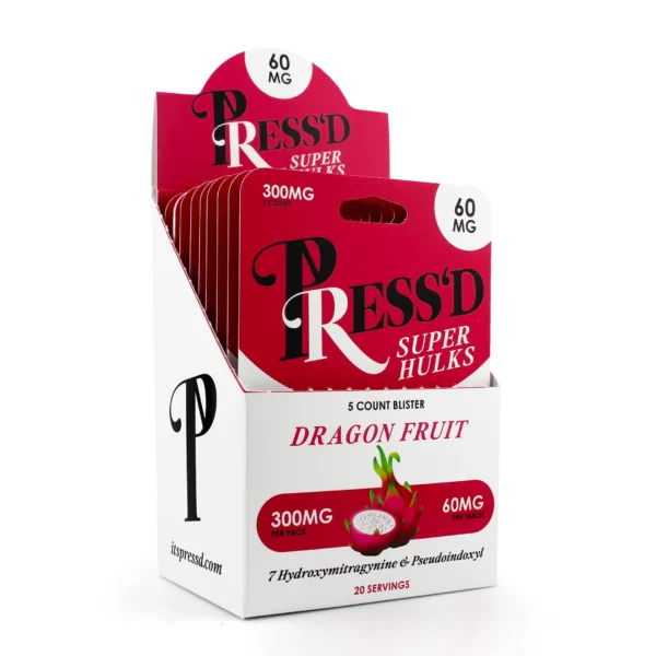 Press'd Super Hulk 7-OH Pseudo Kratom Chewable Blend Tablets 60 mg 5 Count Dragon Fruit Display Box