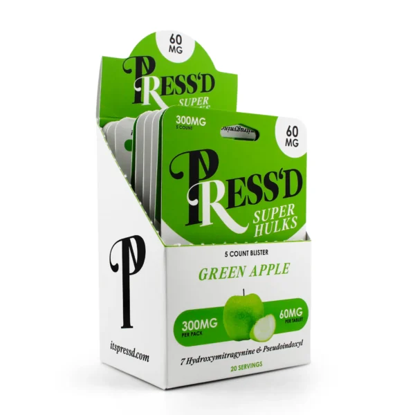 Press'd Super Hulk 7-OH Pseudo Kratom Chewable Blend Tablets 60 mg 5 Count Green Apple Display Box