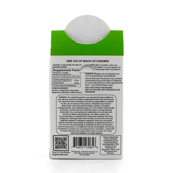 Press'd Super Hulk 7-OH Pseudo Kratom Chewable Blend Tablets 60 mg 5 Count Green Apple Display Box Back