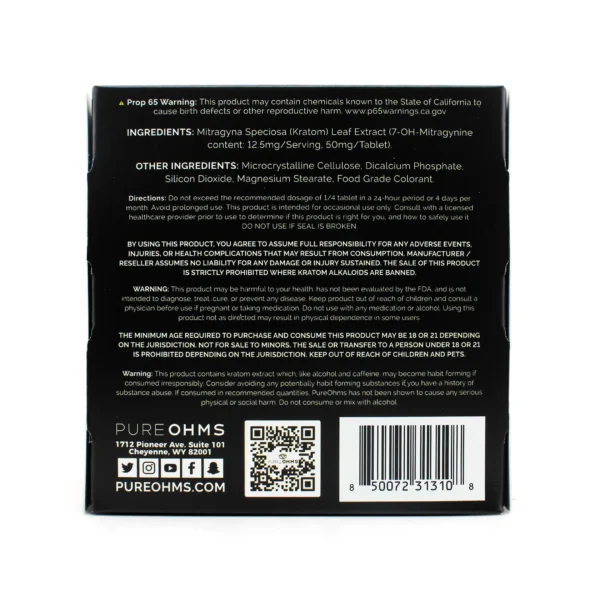 Pure Ohms Black 7-OH Extract Chewable Tablets 50 mg Display Box Back
