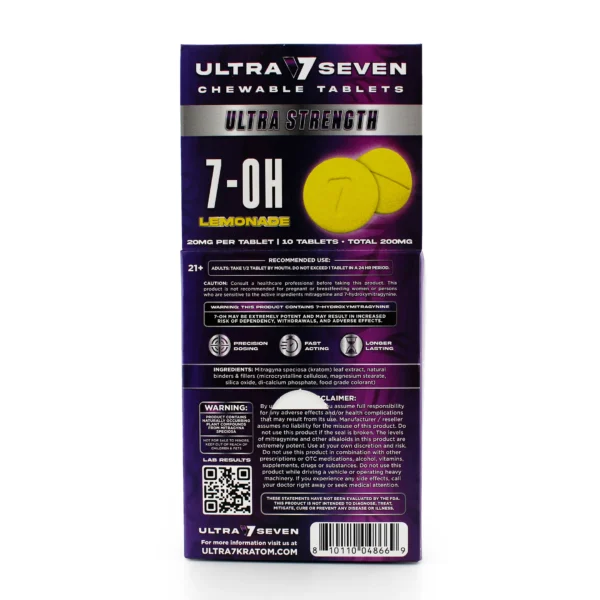 Ultra Seven Ultra Strength 7-OH Chewable Tablets 20 mg 10 Count Lemonade Display Box Back