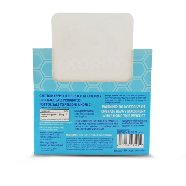 7-Bee’s 7-Hydroxy Extract Chewables 10 Count Original Display Box Back