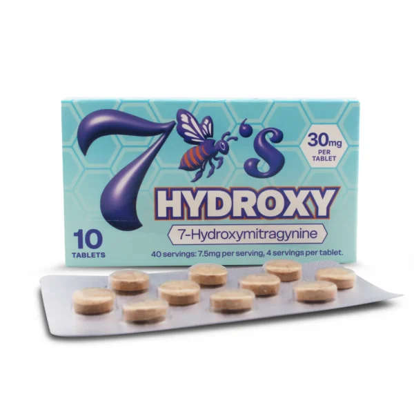 7 Bee’s 7-Hydroxy Kratom Leaf Tablets 10 Count Original Display Box Front with Tablets